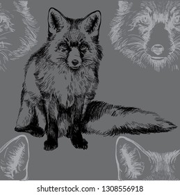 
Seamless pattern with foxes. Cute, fluffy chanterelles. vintage style. Freehand drawing. Drawing with ink, drawing with a pen.