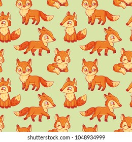 Seamless pattern with foxes in different poses. Cartoon vector decoration for fabric, wrappers, scrapbooking etc.