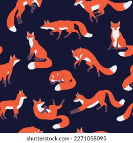 Seamless pattern with foxes in different poses flat style, vector illustration on dark background. Funny animal, cute forest character, decorative design for wrapping or packaging