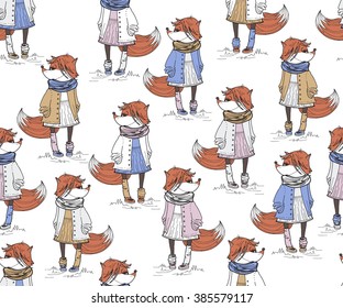 Seamless pattern and foxes in fashionable clothes  Youth style  Hand drawn vector illustration 