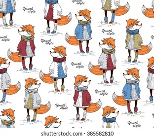 Seamless pattern and foxes in fashionable clothes  Youth style  Hand drawn vector illustration 