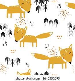 Seamless pattern, foxes and fir-trees, hand drawn overlapping backdrop. Colorful background vector. Illustration with animals. Decorative wallpaper, good for printing