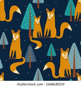 Seamless pattern, foxes and fir-trees, hand drawn overlapping backdrop. Colorful background vector. Illustration with animals. Decorative wallpaper, good for printing