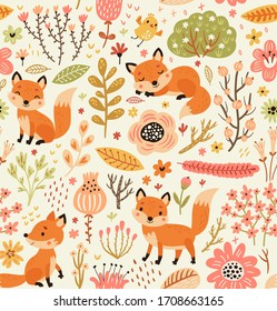 Seamless pattern with foxes and flowers.