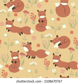 Seamless pattern with foxes and flowers. Vector graphics.