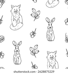 Seamless pattern with foxes, hares, mistletoe berries, and leafy branches hand drawn black white outline vector. Monochrome woodland animals repeated background for winter packaging, Christmas print.