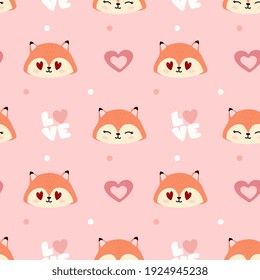 Seamless pattern with foxes, hearts on pink  background. Background for wrapping paper, textile, posters, cards.  Happy Valentine's Day.