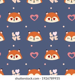 Seamless pattern with foxes, hearts on blue  background. Background for wrapping paper, textile, posters, cards.  Happy Valentine's Day.