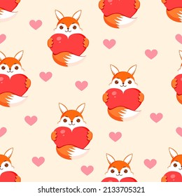 Seamless pattern with foxes and hearts. Vector texture illustration for valentine's day and other holidays for postcard, textile, decor, paper, texture, wrapping.
