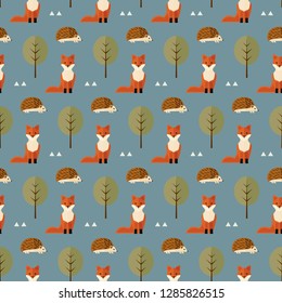 seamless pattern foxes hedgehogs woods forest trees autumn on blue background animal beast vector wallpaper textile giftwrap