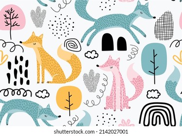 Seamless pattern with foxes and leaf.