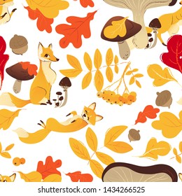 Seamless pattern with foxes and leaves and mushrooms cartoon style, vector illustration on white background. Autumn forest repeating print with fox animals and rowan tree branch and acorns