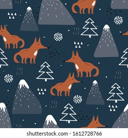 Seamless pattern, foxes, mountains and fir-trees, hand drawn overlapping backdrop. Colorful background vector. Illustration with animals. Decorative wallpaper, good for printing