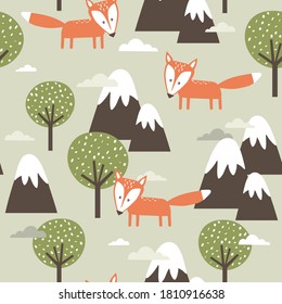 Seamless pattern, foxes, mountains and trees, hand drawn overlapping backdrop. Colorful background vector. Illustration with animals. Decorative wallpaper, good for printing