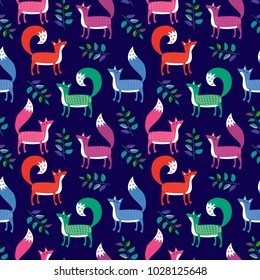 Seamless pattern. Foxes in the night forest. Branches and leaves.