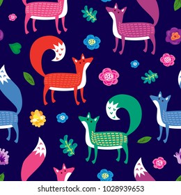Seamless pattern. Foxes in the night garden. Multicolored flowers and leaves. Great for printing on paper and fabric.