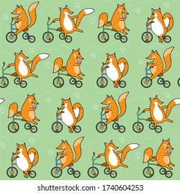 Seamless pattern with foxes on bicycles, clouds and birds. Animalistic vector background. Orange, white and green tones. Can be used for wallpapers, pattern fills, textile, surface textures