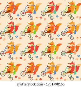 Seamless pattern with foxes on bicycles and flowers. Animalistic vector background. Can be used for wallpapers, pattern fills, textile, surface textures