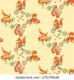 Seamless pattern with foxes on bicycles and flowers. Animalistic vector background. Orange and green tones. Can be used for wallpapers, pattern fills, textile, surface textures