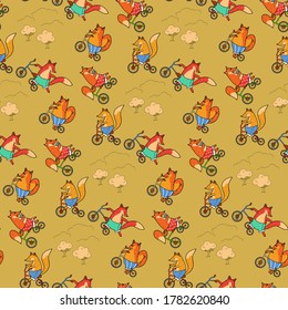 Seamless pattern with foxes on bicycles and trees. Animalistic vector background. Can be used for wallpapers, pattern fills, textile, surface textures