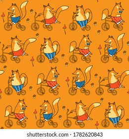 Seamless pattern with foxes on bicycles, birds and trees. Animalistic vector background. Orange, red and blue tones. Can be used for wallpapers, pattern fills, textile, surface textures