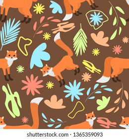 Seamless pattern of foxes on dark orange abstract floral background cartoon style vector illustration