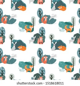 Seamless pattern with foxes, rabbits, hares and different elements. Illustration hand drawn in scandinavian style.