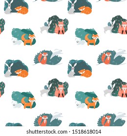 Seamless pattern with foxes, rabbits, hares and different elements. Illustration hand drawn in scandinavian style.