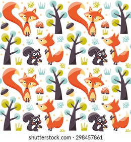 Seamless pattern with foxes, squirrels, trees, acorns and leafs