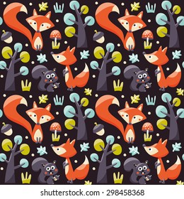 Seamless pattern with foxes, squirrels, trees, acorns and leafs