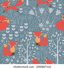Seamless pattern with foxes, trees, flowers. Vector illustration. 