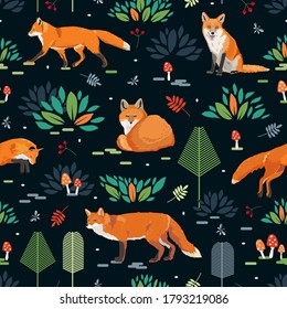 Seamless pattern with Foxes, trees, leaves, mushrooms and berries on dark background. 