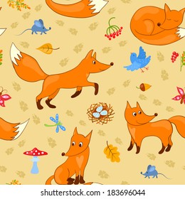 Seamless pattern with foxes. Vector cartoon background.