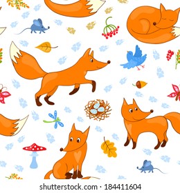 Seamless pattern with foxes. Vector cartoon background.