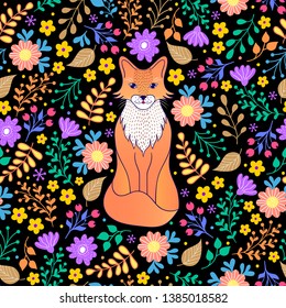 Seamless pattern with fox,flowers and leaves on black background
