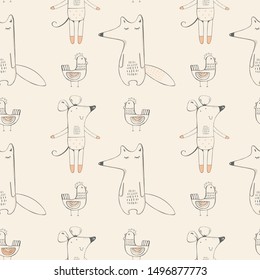 Seamless pattern with Fox,mouse and hen .hand drawn vector illustration,can be used for kid's,baby's shirt design,fashion print design,fashion graphic,t-shirt,tee