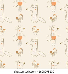 Seamless pattern with Fox,mouse and hen .hand drawn vector illustration,can be used for kid's,baby's shirt design,fashion print design,fashion graphic,t-shirt,tee