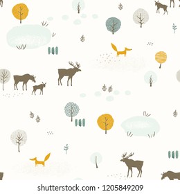 Seamless pattern with foxs, family of mooses, lakes and trees, texture landscape in retro flat style. Vector print in pastel colors.