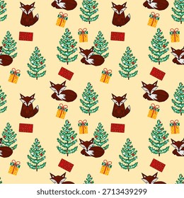 Patrón sin fisuras de zorros, árbol de Navidad verde y regalos sobre fondo amarillo. Diseño para tela, papel de regalo o fondos digitales.