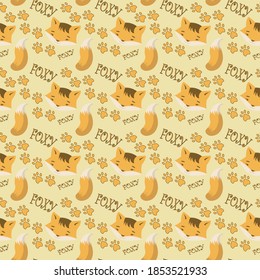 Seamless pattern with foxy tail and face on light yellow background