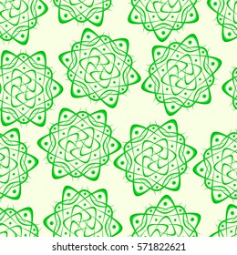 Seamless pattern of fractals and elements of rotation and torsion in shades of green colors