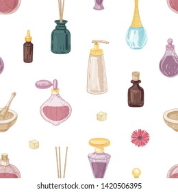 Seamless pattern with fragrant cosmetics, perfumes in glass bottles, mortar and pestle, incense sticks on white background. Elegant hand drawn vector illustration in vintage style for wrapping paper.