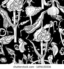seamless pattern of fragrant garlic, Hot pepper and plant leaves in bright colors, can be used on fabrics, clothing, packaging paper