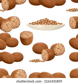 Seamless pattern of Fragrant nutmeg seasoning with whole and milled vector illustration