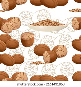Seamless pattern of Fragrant nutmeg seasoning with whole and milled vector illustration