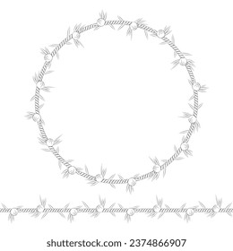Seamless pattern and frame of the cord with juniper. Isolated objects on white.