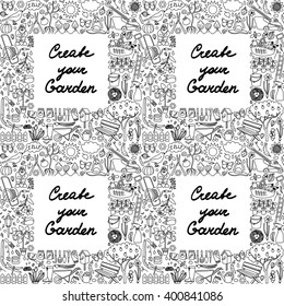 Seamless pattern of frame with hand drawn garden elements