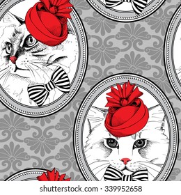 Seamless pattern. Frame with image of cat in red Elegant royal hat and bow. Vector illustration.