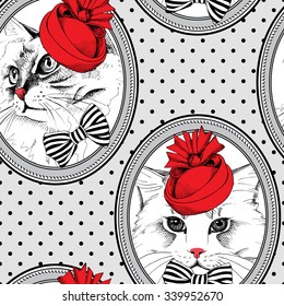 Seamless pattern. Frame with image of cat in red Elegant royal hat and bow. Vector illustration.