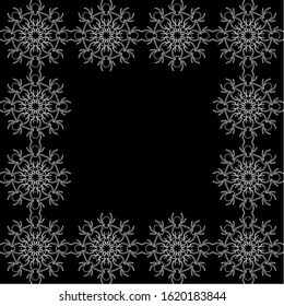 Seamless pattern or frame of white spiders on a black background. Abstract creative composition.Geometric spiders ornament. Vector illustration for textile print, packaging, scrapbooking, etc.